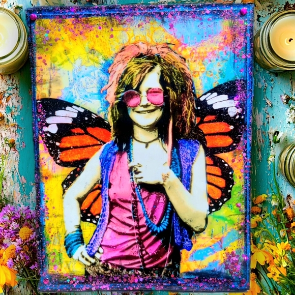 Janis Joplin with Fairy Wings Original Mixed Media Collage Sparkly & Bright - Picture 2 of 8